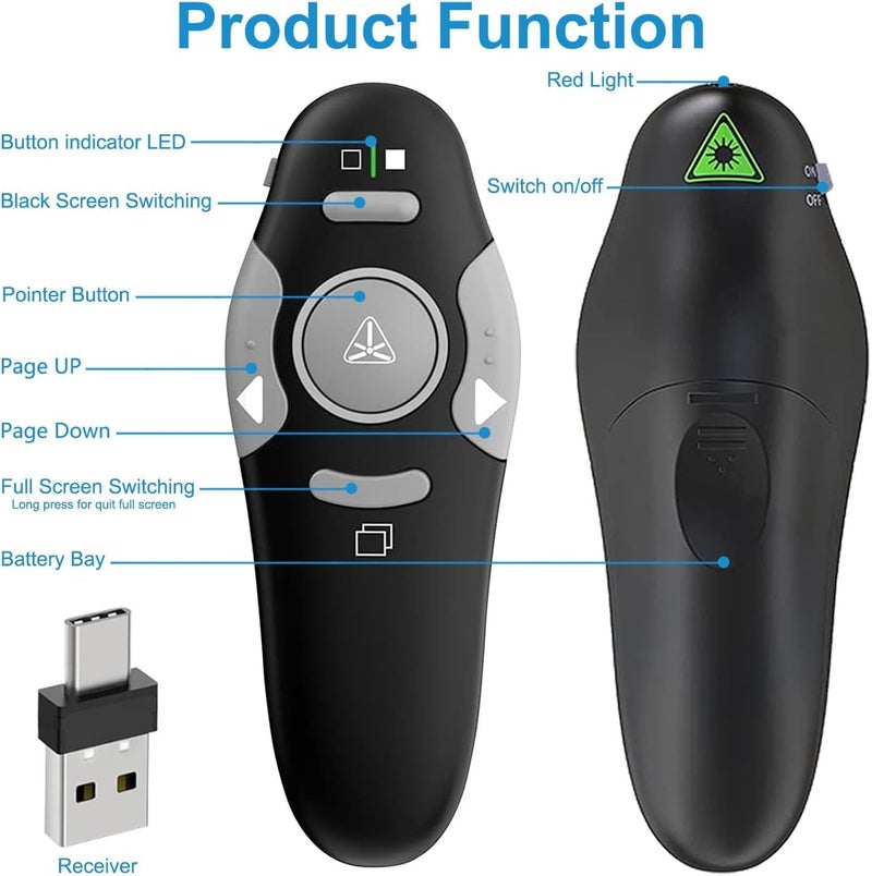 VOVIGGOL جهاز تحكم عرض تقديمي USB/Type-C 2 في 1 لجهاز PowerPoint عن بُعد، جهاز تحكم لاسلكي 2.4GHz لجهاز العرض التقديمي USB، جهاز تحكم PowerPoint لجهاز Mac، الكمبيوتر، اللابتوب - Image 3
